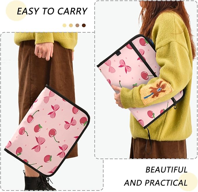 Pink Bows Cherries Pattern 13 Pocket File Organizer Expanding File Folder with Front Pouch Portable Business File Storage Document Organizer Folder with Zipper