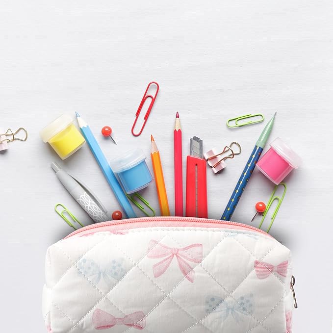 Sherr Coquette Bow Pencil Case Pink Blue Bow Cute Pencil Pouch Soft Cotton Storage Bag Aesthetic Pattern Gift Makeup Pouch Cosmetic Bag for Women Adults