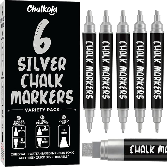 Chalkola 6 Silver Chalk Markers - Dual tip, Fine & Jumbo Tip (1mm, 3mm, 5mm, 15mm) | Erasable Liquid Chalk Pens for Blackboard, Chalkboard Signs, Car Window, Bistro, Glass | Washable Chalkboard Marker