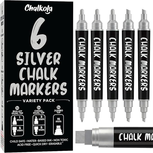 Chalkola 6 Silver Chalk Markers - Dual tip, Fine & Jumbo Tip (1mm, 3mm, 5mm, 15mm) | Erasable Liquid Chalk Pens for Blackboard, Chalkboard Signs, Car Window, Bistro, Glass | Washable Chalkboard Marker