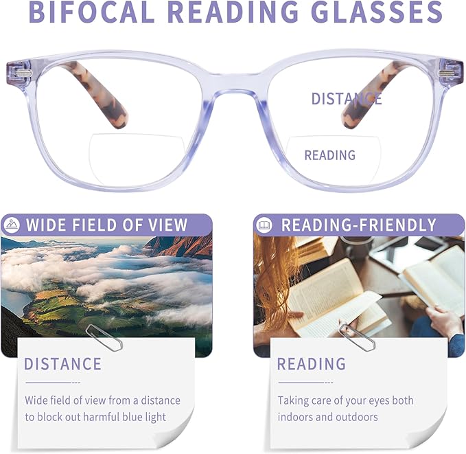 Bifocal Reading Glasses for Women, Blue Light Blocking Computer Readers with Spring Hinges, Retro Square Frame