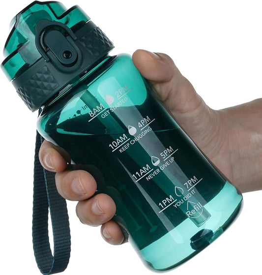 OLDLEY 12oz Kids Water Bottle, Tritan BPA-Free, Leakproof Flip Straw Lid, Motivational Time Marker, Carry Strap, Reusable Clear Water Bottle for Boys & Girls,Trout Green