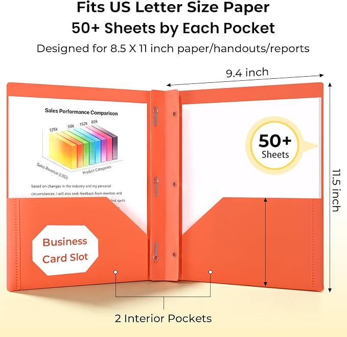 SUIN Plastic Project-Folder with 2 Pockets and 3-Prong Fasteners, for US Letter Size, Bulk Pack Color File-Folder for US Letter Size Papers, Ideal for School & Office, (Assorted Bright Colors)