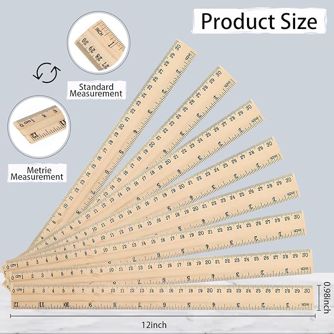 8 Pack Wooden Rulers Bulk, 12 Inch (30cm) Dual Scale Rulers with Imperial & Metric Measurements for Straight Rulers for Students, Teachers,School, Classroom, Home and Office Supplies