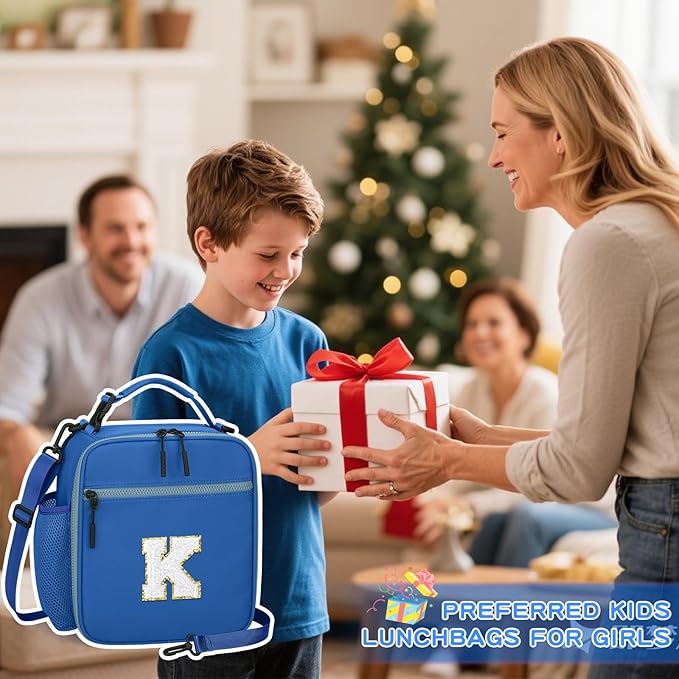 Initial Insulated Lunch Bag for Boys Kids, Back to School Gift, Reusable Leak-proof Lunch Box with Adjustable Strap for School Daycare Travel Picnic（Blue，K）