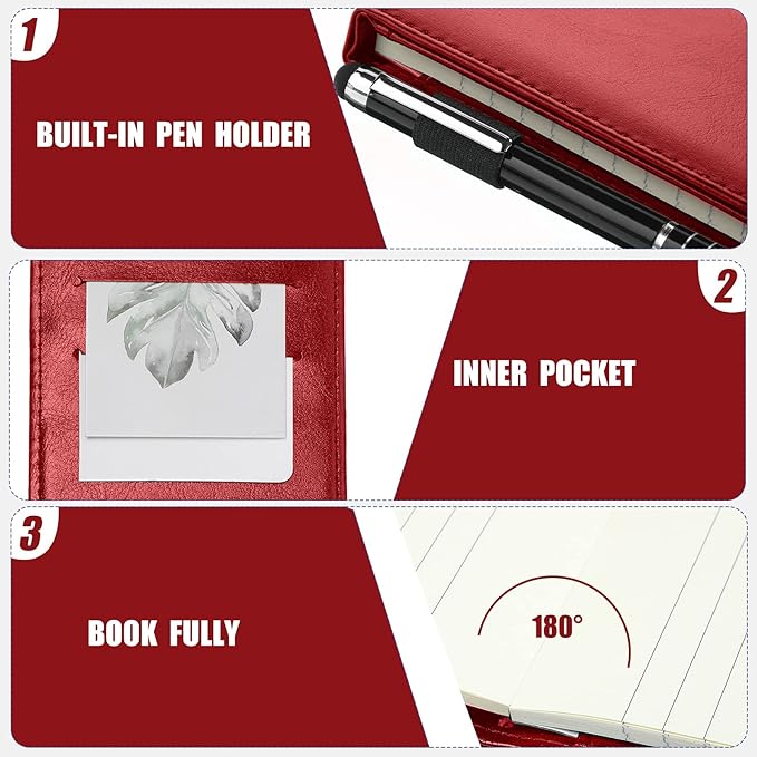 Outus 10 Pcs Mini Pocket Notepad Holder Set Included Small Leather Pocket Notebook Holder with 50 Lined Sheets, Metal Pen, 8 Pcs 3 x 5 Inch Memo Book Refills, 30 Lined Paper Per Note Pad (Red)