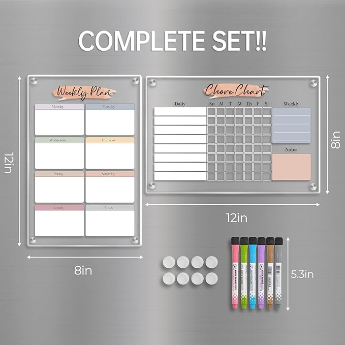 Magnetic Dry Erase Acrylic Chore & Weekly Calendar Set for Fridge, Refrigerator Visual Color-Block Design with 6 Color Erasable Magnetic Markers, Ideal for Kitchen Meal Planner & Fmaily Work Task