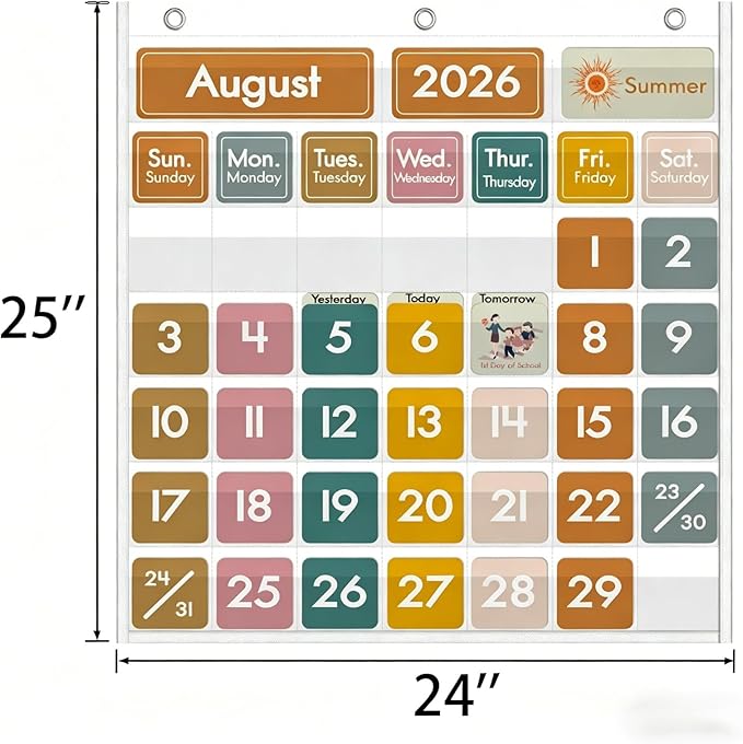 45 Pockets Classroom Calendar for Kids Learning, Pocket Chart Calendar Decor with Special Educational Cards, Teacher and Classroom Must Have Supplies, Boho