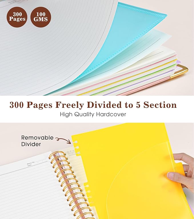 Hardcover Spiral Notebook with Removable Dividers Tabs, 300 pages Leather 5 Subject Notebook College Ruled, 6.2" x 8.2" Journal for Women Men, Small Notebooks for Work School Note taking,A5 Pink