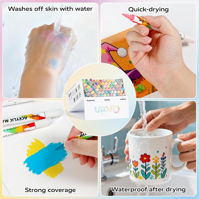 Qrain Acrylic Paint Markers Set, 168 Colors, Dual Tips (Brush & Fine), Water-Based Acrylic Markers for Rock, Wood, Glass, Fabric, Ceramics & DIY Crafts