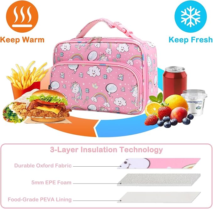 FlowFly Kids Lunch box Insulated Soft Bag Mini Cooler Back to School Thermal Meal Tote Kit for Girls, Boys, Rainbow