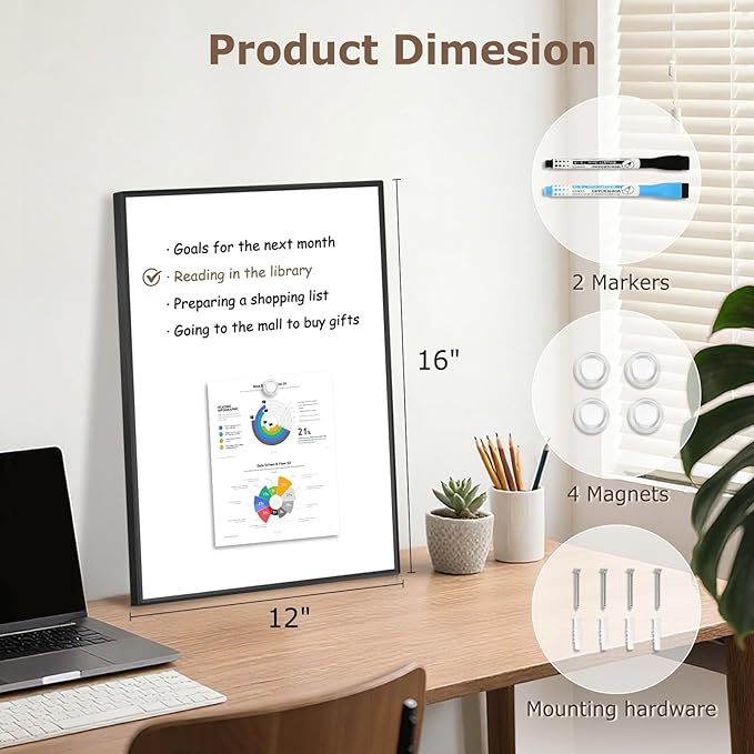 Small Whiteboard, 16'' x 12'' Magnetic White Board Dry Erase Board for Wall, Hanging Black Aluminum Frame Wipe Board for Home, Office, School