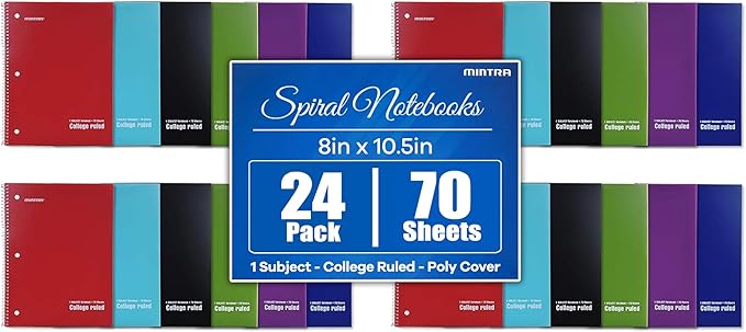 Mintra Office Spiral Notebooks, Wirebound, Journals for School, Work, Business, Aesthetic Stationery, Writing Pads, Teacher & Student Supplies (24, Solid Color-Poly Cover, College)
