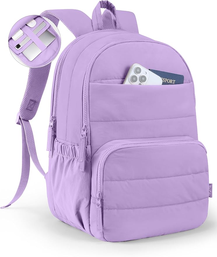 Uselike Travel Backpack for Women, 15.6 Inch Laptop Backpack, Quilted College Bookbag, Cute Work Backpacks, Water Resistant (Lavender Purple)