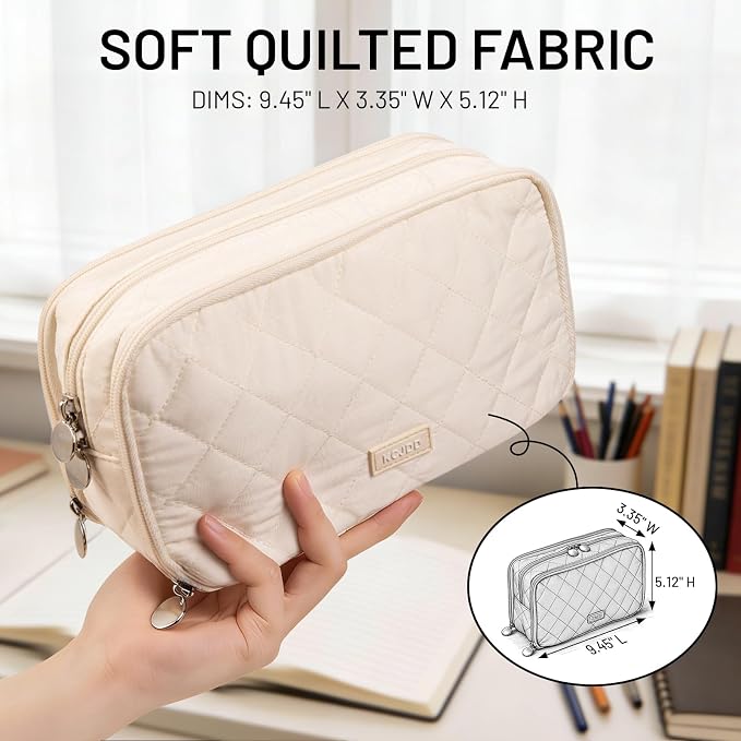 Cute Pencil Case for Girls kids Soft Quilted Pencil Pouch Bag Organizer | With 3 Compartments,Big Capacity Marker Crayon Storage Bag Large Double Zipper Art Bag For Kids School College Boys Women