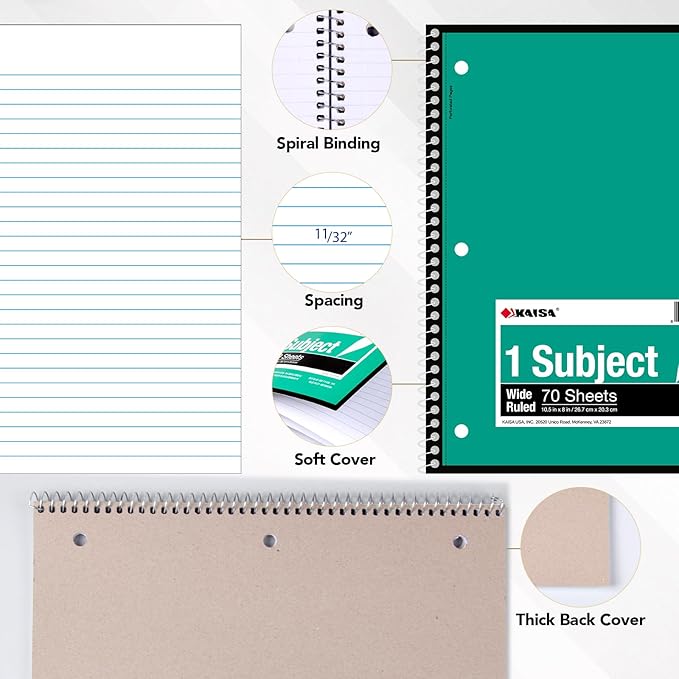 KAISA Spiral Notebooks bulk 1 Subject Note Books,70 Sheets 6 Vibrant Color Options, 8 Pads Per Color – Abundant Stock for All Your Needs 10.5x8in Wide Ruled, Paper Note Books Home School Supplies for Students Office, 1Carton of 48Books