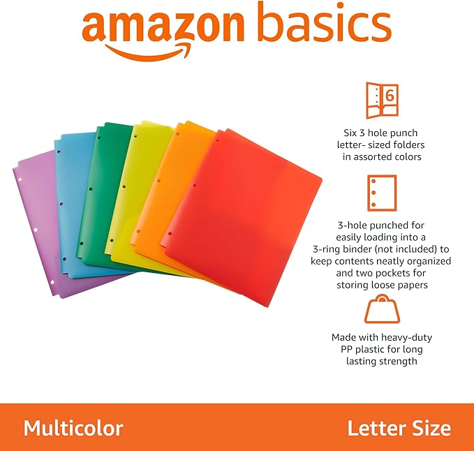Amazon Basics Plastic 3-Hole Punch File Folders with 2 Pockets for Documents, Letter Size 8.5 x 11 inches, Assorted Colors, Pack of 6