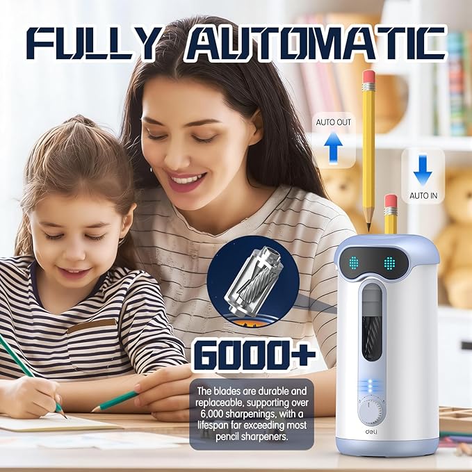 deli Electric Pencil Sharpener, Fully Automatic Pencil Sharpener for 7-11mm Colored/Jumbo Pencils, Auto in & Out, Rechargeable Hands-Free Pencil Sharpener for Classroom Home Office, Low Noise, Blue