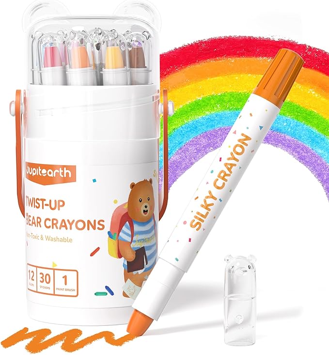 JUPITEARTH 12 Color Twist Crayons for Toddlers 1-3 and Kids 4-8, Non-Toxic Washable Crayons 2-4, Ultra-Silky Easy-Grip Art Supplies, Ideal Coloring Gift for Boys and Girls