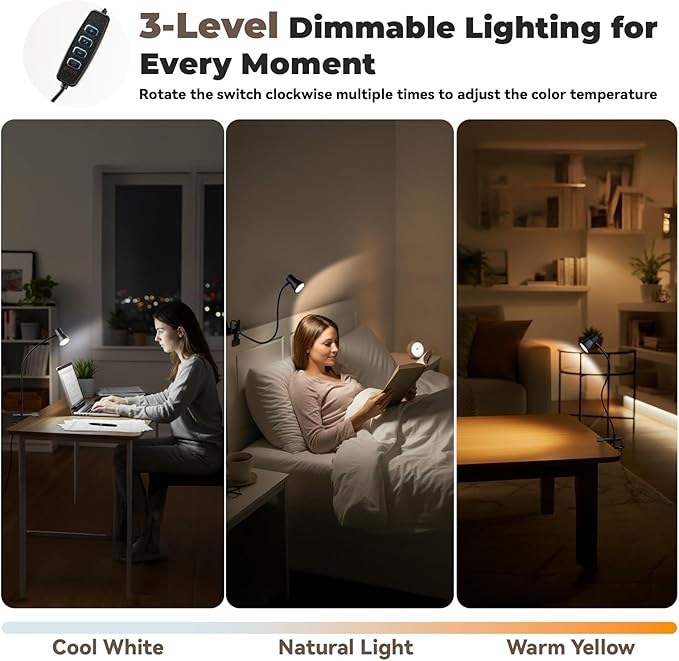 Eye-Caring Clip On Desk Lamp, 3 Color Modes & 10 Brightness LED Reading Light with Clamp, 360° Rotatable Gooseneck Reading Light, Portable Clamp Lamp for Bedroom, Office and Study (Black-Small)