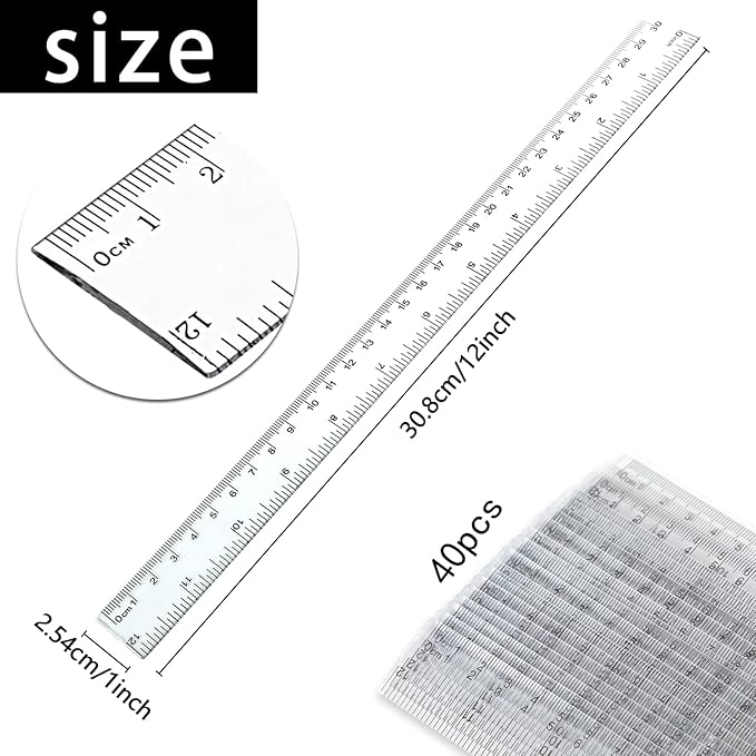 Koogel 40 Packs Clear Plastic Ruler, 12 Inch, Plastic Measuring Tool with Centimeter and Millimeter, Shatterproof Metric Clear Rulers Bulk for Kids, Back to School, Classroom, School, Office, Home