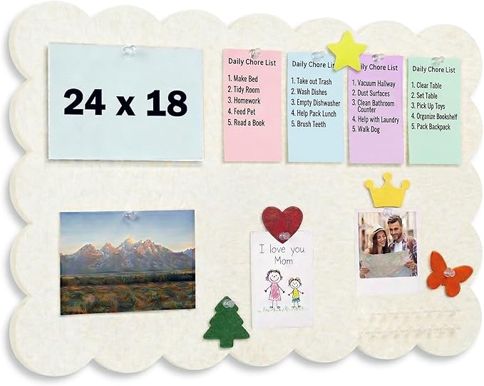Scalloped Bulletin Board, 24x18 Scalloped Felt Bulletin Board, 2' x 1.5' Foldable Picture Display with 20 Pins & 5 Cute Decors - Beige