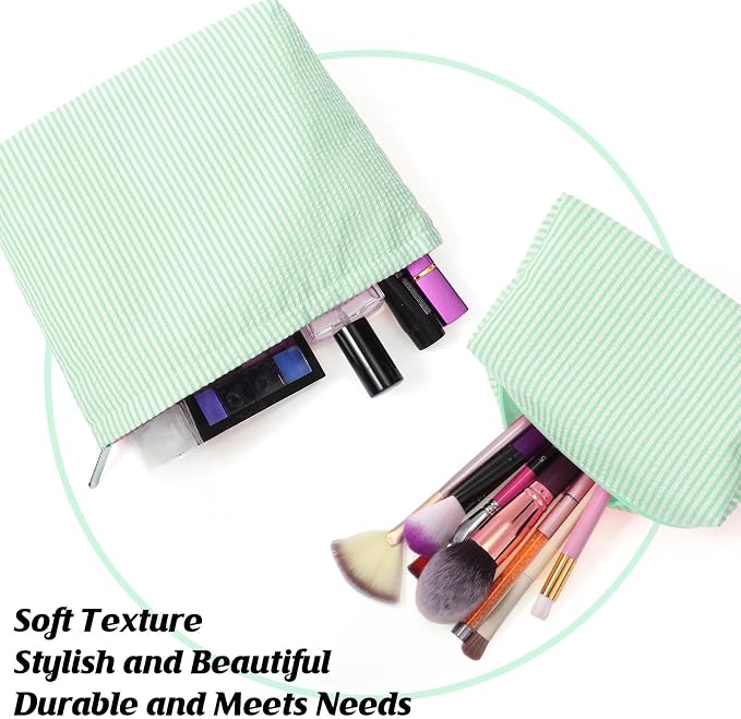 Huhumy 2 Pcs Makeup Bag Set for Women, Green, Thin Striped Seersucker | Cute Cosmetic Pouch Women Travel Toiletry Bag Preppy Small Makeup Purse Pouch Aesthetic Skincare Brushes Storage Organizer