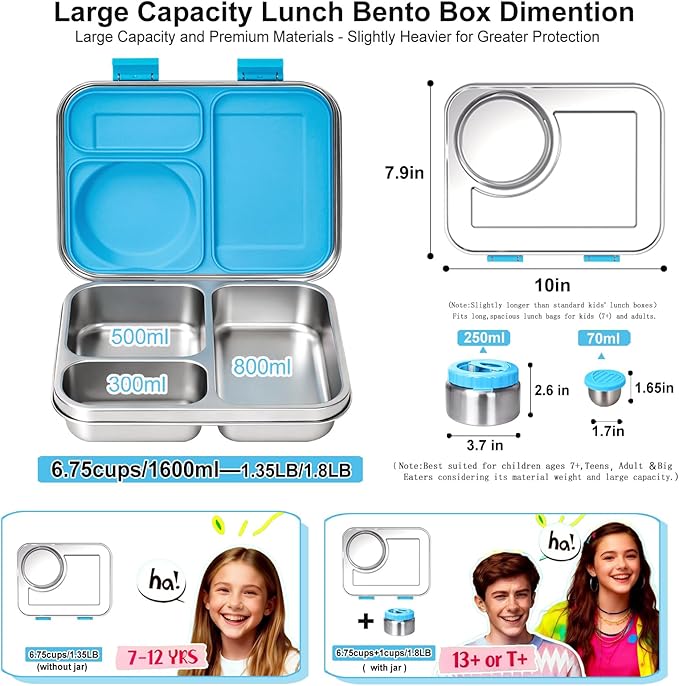 Stainless Steel Bento Lunch Box：7+ Older Kids，Teens ＆ Adult with Insulated Food Jar,Leakproof 3-Compartment,BPA-Free, Eco-Friendly,Dishwasher Safe, Large-Capacity Box, School,Office,Travel （Blue)