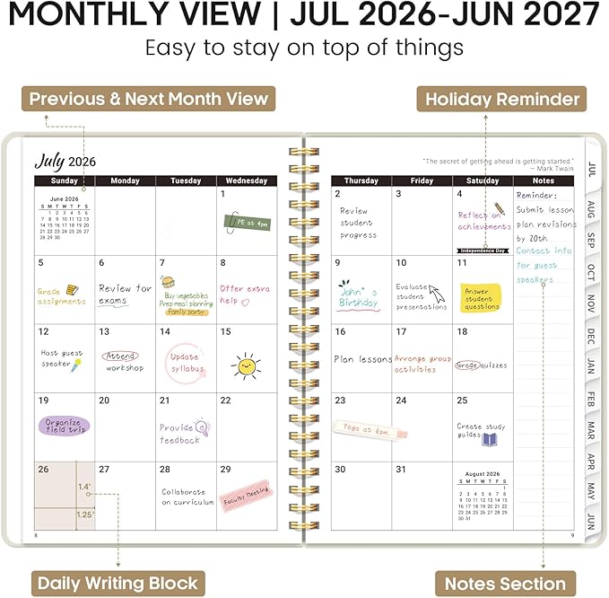 Academic Planner 2026-2027, Weekly and Monthly Calendar Planner Book, July 2026 – June 2027, Hardcover Organizer with Tabs, Perfect for Teachers, Students, Women & Men, A5 (6.4" x 8.5") - Beige