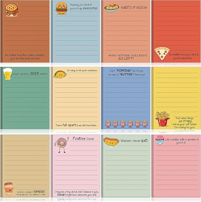 AmazingSpark 12 Pcs Cute Inspirational Sticky Notes, 4 * 3 Motivational Notepads Positive Emotional Support Gift Funny Lined Memo Note Pads for Office Desk Supplies Coworker Employee(Foods,Drinks)