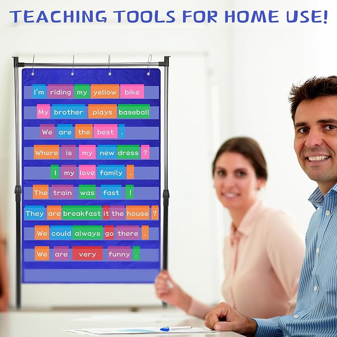 8 Pcs Adjustable Pocket Chart Stand Set Include 1 Standard Pocket Chart 6 Replacement Rings and 1 Adjustable Stand for Classrooms Home Teacher Lessons Educational Tools(Blue)