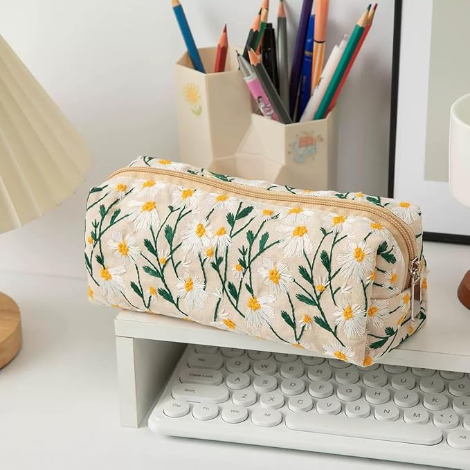 Pencil Case, Pencil Pouch for Women, Pencil Case Small, Pencil Pouch Aesthetic (Beige embroidery)