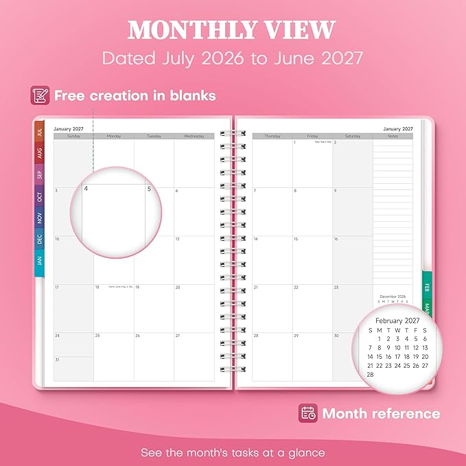 Planner 2026-2027 Monthly and Weekly Academic Planner July 2026 - June 2027, Hardcover Calendar 2026-2027 Agenda Daily Planner for Student Teacher School Office Supplies, 7.4" x 10.2", Pink Ombre
