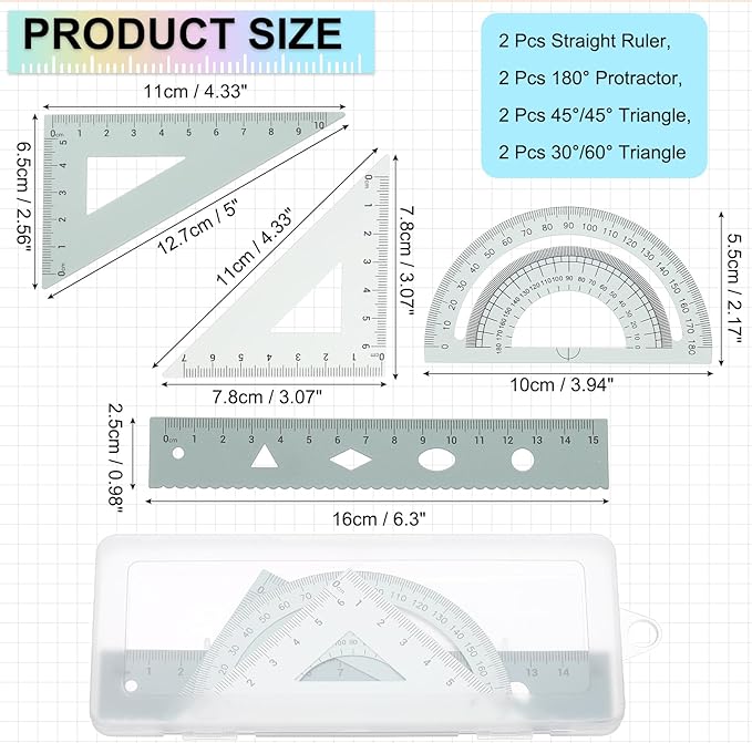 PATIKIL Geometry Set, 2 Pack 6 Inch Aluminum Ruler & 4 Triangles, Metal Protractor Ruler Math Drafting Measuring Tool for Home Office Math Drawing Engineering Art,Gradient Green