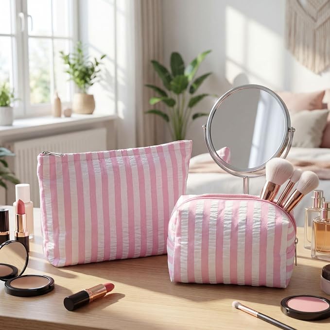 Huhumy 2 Pcs Makeup Bag Set for Women, Pink, Wide Striped Seersucker | Cute Cosmetic Pouch Women Travel Toiletry Bag Preppy Small Makeup Purse Pouch Aesthetic Skincare Brushes Storage Organizer