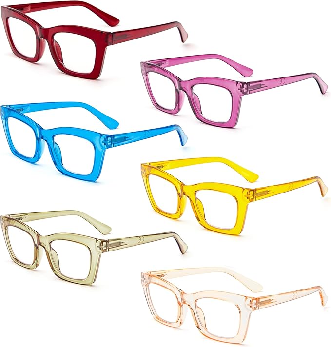 REAVEE 6 Pack Reading Glasses for Women Blue Light Blocking, Cute Square Computer Readers with Spring Hinge
