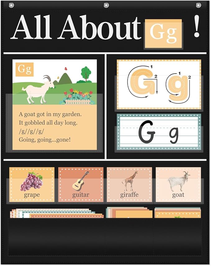 All About Letters Pocket Chart with ABC Flash Cards, 34" X 27", Letter of The Day/Week Daypocket Chart, Letter Tracing Learning Educational Wall Chart Preschool Classroom Homes, Black