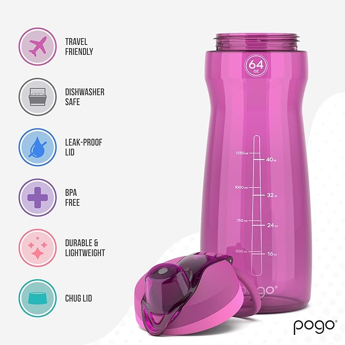 Pogo 64oz Plastic Water Bottle with Leak-Proof Chug Lid and Carry Handle, Reusable, BPA Free, Capacity Markings, Dishwasher Safe, Perfect for Travel, School, Outdoors, and Gym, Fuchsia