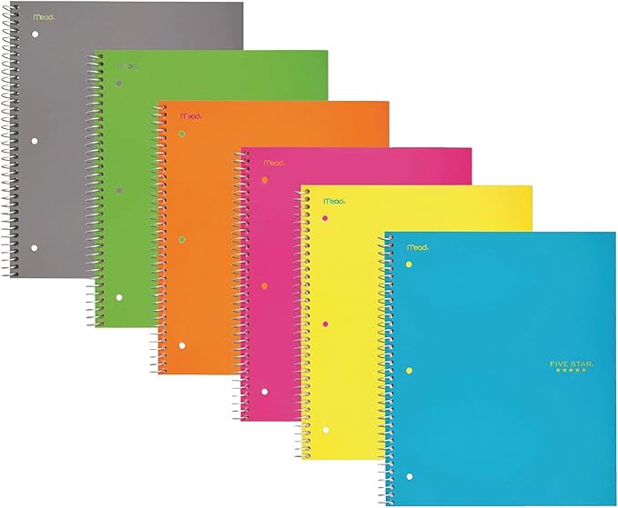 Five Star Spiral Notebooks, 5 Subject, Wide Ruled Paper, 200 Sheets, 10-1/2" x 8", Assorted Colors, 6 Pack