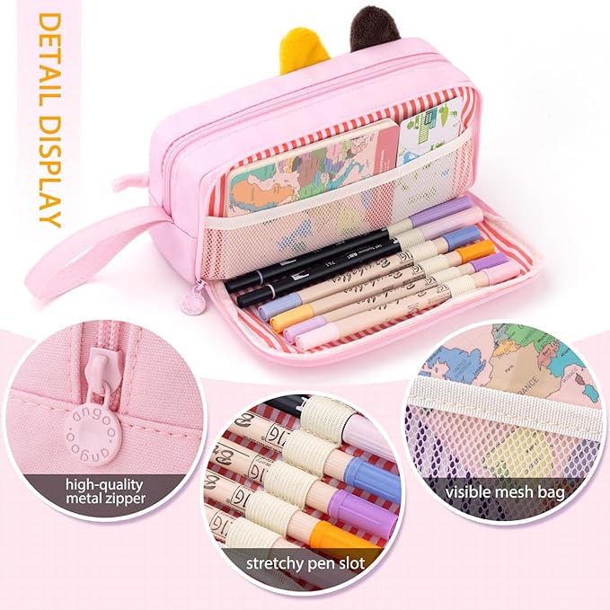 CICIMELON Cartoon Pencil Case, Large Capacity Pen Pouch with Embroidered Animal Design, School Supplies Bag for Kids, Teens, Students (Pink Kitty)