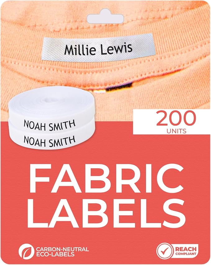 200 Personalized Iron-On Fabric Labels - Custom Name Tags for Clothing, School Uniforms, Elderly Garments - Durable, Washable, Eco-Friendly - 2.4x0.4 Inches