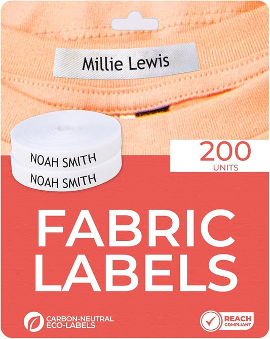 200 Personalized Iron-On Fabric Labels - Custom Name Tags for Clothing, School Uniforms, Elderly Garments - Durable, Washable, Eco-Friendly - 2.4x0.4 Inches