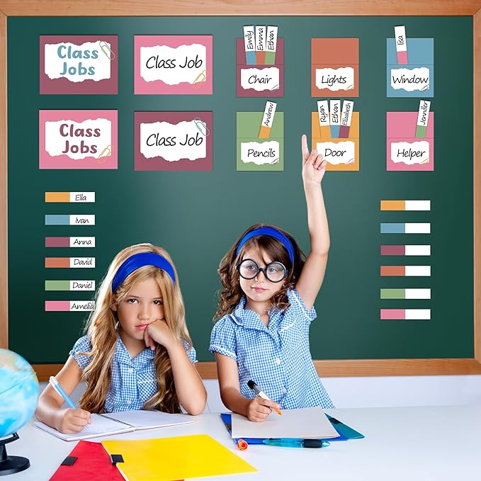 112Pcs Class Jobs Chart for Classroom Colorful Boho Classroom Job Bulletin Board Set Back to School Class Management Educational Teacher's Helper Pocket Chart Posters Cards Chalkboard Decor School Sup