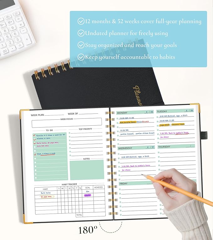 Undated Weekly Planner, Hardcover Leather Weekly & Monthly Calendar Blank Planner, To Do List Notebook with Goal & Habit Tracker Organizer, A5 Daily Planner with Spiral Binding, Ideal for Work School Home, Black