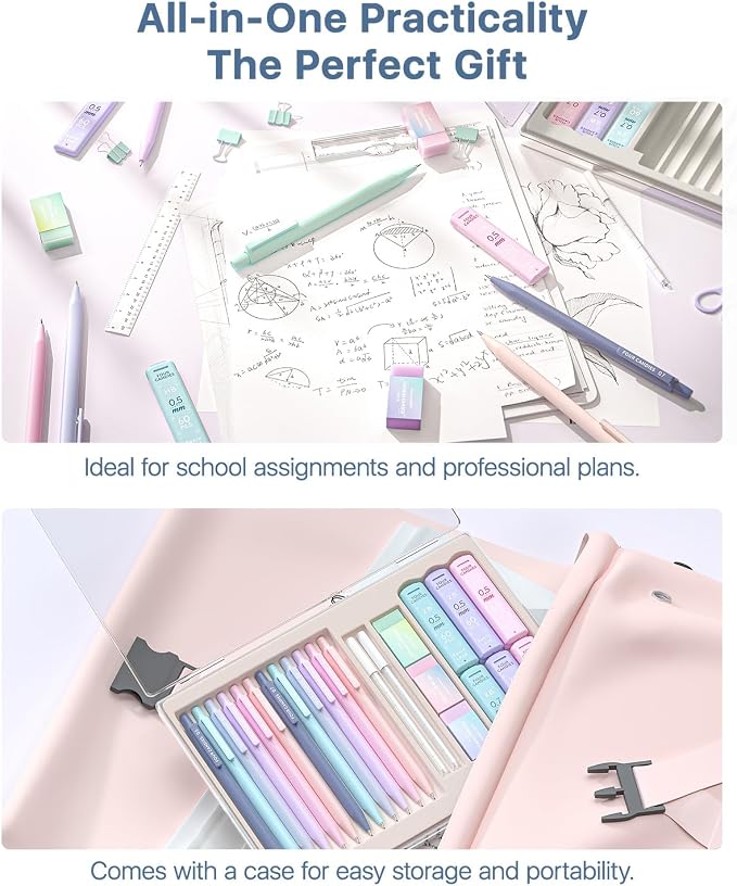 Four Candies Cute Mechanical Pencil Set, 0.5mm & 0.7mm Point, 12-Count Pack | 720 HB/2B Leads, 3 Erasers, 18 Eraser Refills, Storage Case, Pastel Barrels, Triangular Grip, for Notes & Drawing