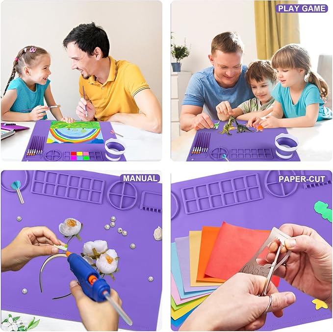 DIYDEC Silicone Art Mat 20x16 Inch - Large Silicone Painting Mat with Detachable Cup, 10 Painting Brushes, 5 Sponge Brushes - Kids & Adult DIY Accessories (Purple)