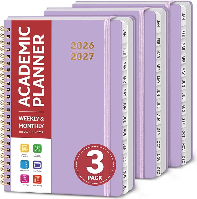 Planner 2026-2027 for Women & Men, Set of 3, Academic Monthly and Weekly Calendar Planner, Jul 2026 - Jun 2027, A5 (6.3" x 8.5"), Teacher Student Planning Book with Tabs, Ideal for Office School Supplies - Lilac Purple