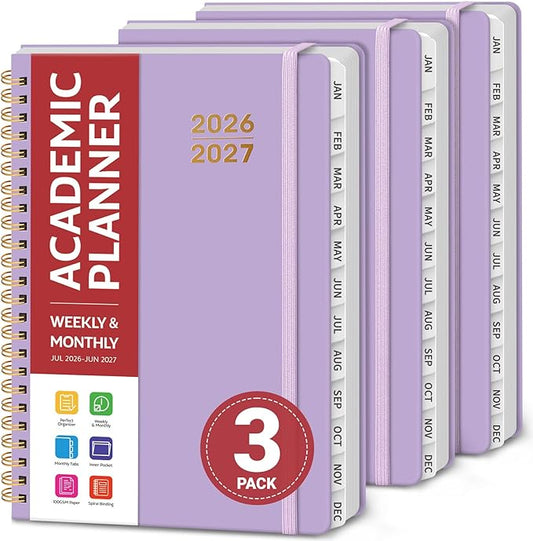 Planner 2026-2027 for Women & Men, Set of 3, Academic Monthly and Weekly Calendar Planner, Jul 2026 - Jun 2027, A5 (6.3" x 8.5"), Teacher Student Planning Book with Tabs, Ideal for Office School Supplies - Lilac Purple