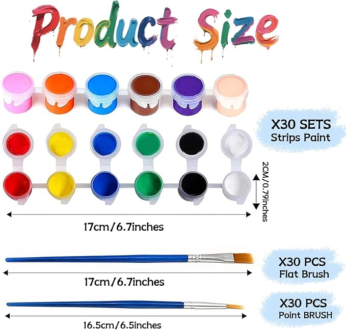 12 Colors Mini Acrylic Paint Set, 30 Pack Washable Paint Strips for Kids & Adults - Includes 60 Brushes, 360 PCS kids Paint Kits for Easter Eggs, Birthday, Classroom Party，school supplies
