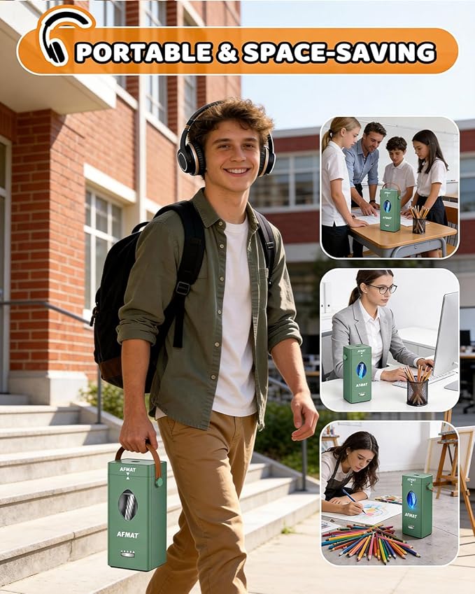 AFMAT Electric Pencil Sharpener, Rechargeable & Cordless, Fully Automatic Pencil Sharpener for Classroom, Auto in & Out, 5 Sharpness Modes, Heavy Duty Sharpeners for 6-12mm No.2/Jumbo Pencils PSC7